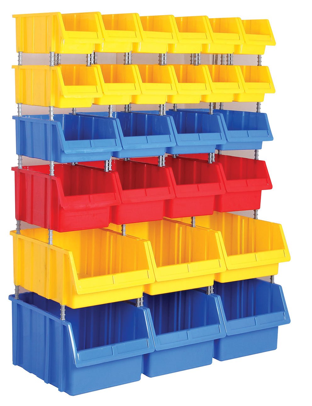 RackZone Storage Part Bins Kit 1140 keeps items organised in yellow, blue, and red.