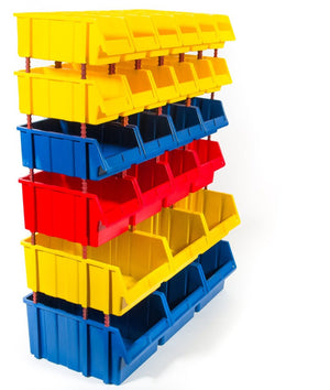 RackZone Storage Part Bins Kit in yellow, blue & red for organising small items.