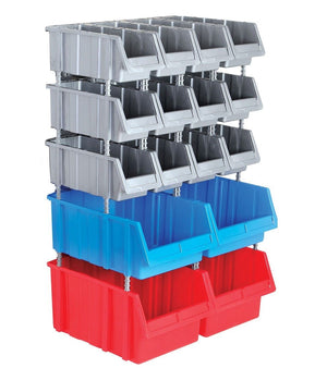 RackZone Storage Part Bins Kit 1160 in grey, red & blue on a metal rack.