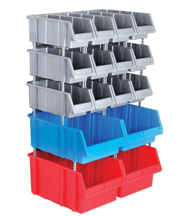 RackZone Storage Part Bins Kit 1160 in grey, red & blue on a metal rack.