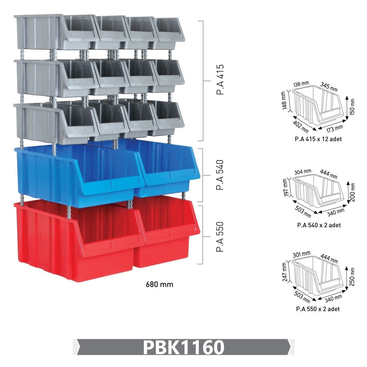 RackZone Storage Part Bins Kit 1160 stacked on rack, 1000h x 765w x 400d.