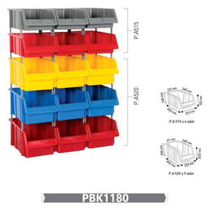 RackZone Storage Part Bins Kit: 15 grey, red, yellow, blue bins for small parts.