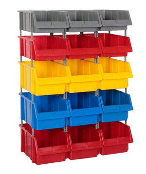 RackZone Storage Part Bins Kit 1180 in grey, red, yellow & blue with shelves.
