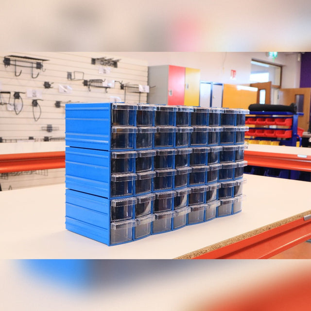 RackZone Pull Out Drawer, 96-box, blue with clear drawers for small parts.