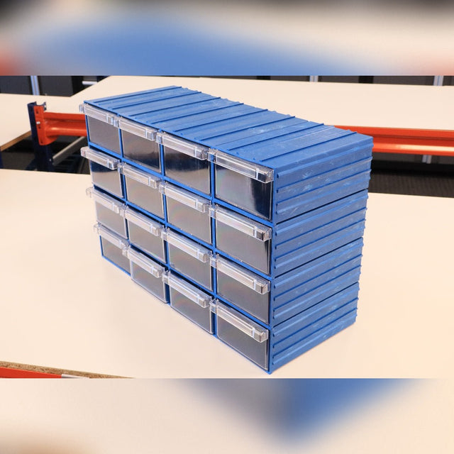 RackZone Plastic Drawer 36 Box, blue, with 36 clear drawers on a white surface.