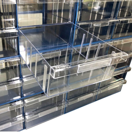 A RackZone Plastic Drawer 32 Box is partially open among stacked blue drawers.