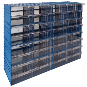 RackZone Plastic Drawer 32 Box, blue, 204d x 370w x 160h, side view.