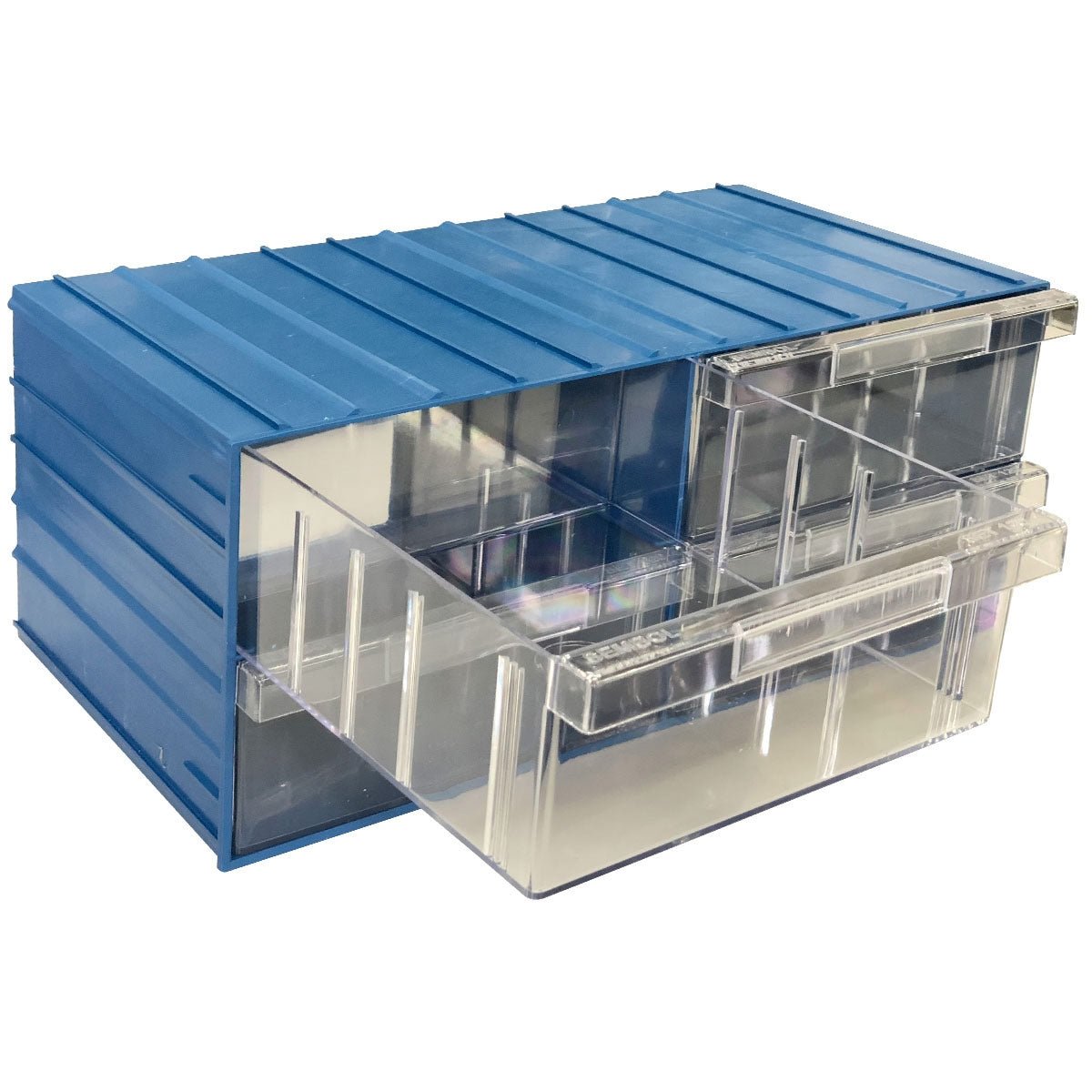 RackZone Plastic Drawer 32 Box, blue, one clear drawer open.