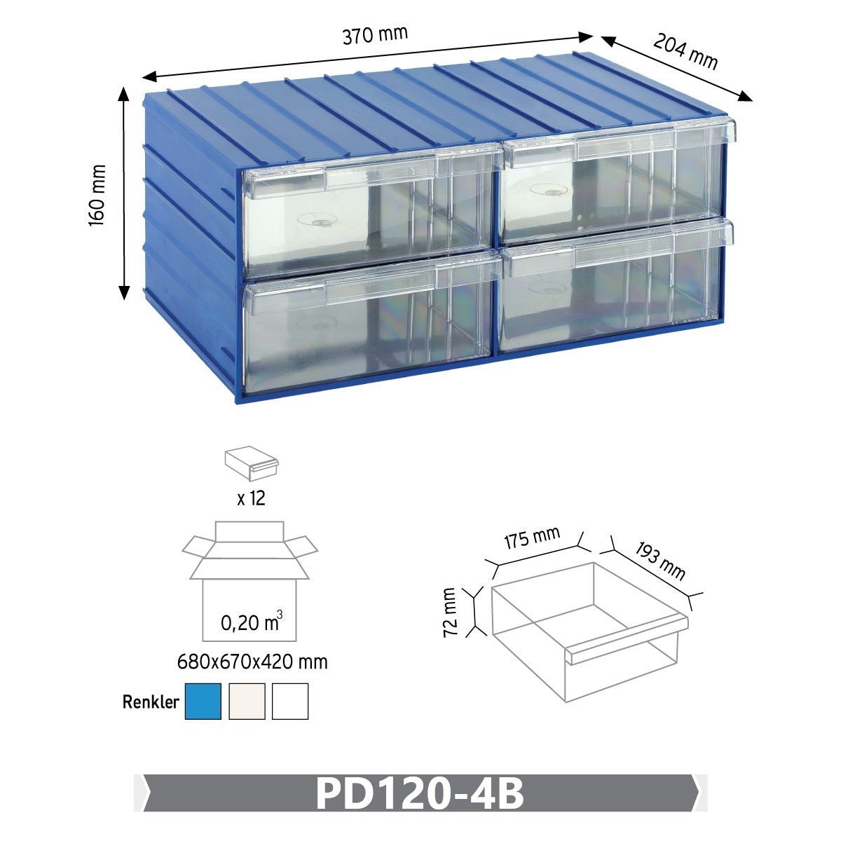 RackZone Plastic Drawer 32 Box, 204d x 370w x 160h, four blue pull-out drawers.