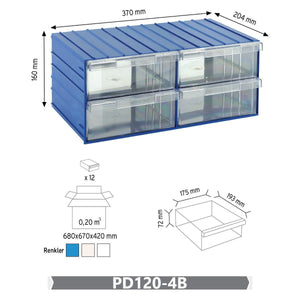 RackZone Plastic Drawer 32 Box, 204d x 370w x 160h, four blue pull-out drawers.