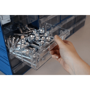 A hand opens a RackZone Plastic Drawer 32 Box filled with metal bolts and fasteners.