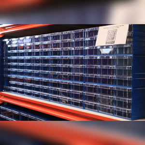 RackZone Plastic Drawer 108 Box blue bins with QR codes organize small parts.