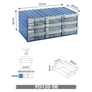 RackZone Plastic Drawer 108 Box, blue, 9 polystyrene drawers, 204x370x160mm.
