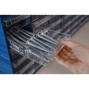 A hand pulls a RackZone Plastic Drawer 108 from a small parts storage cabinet.