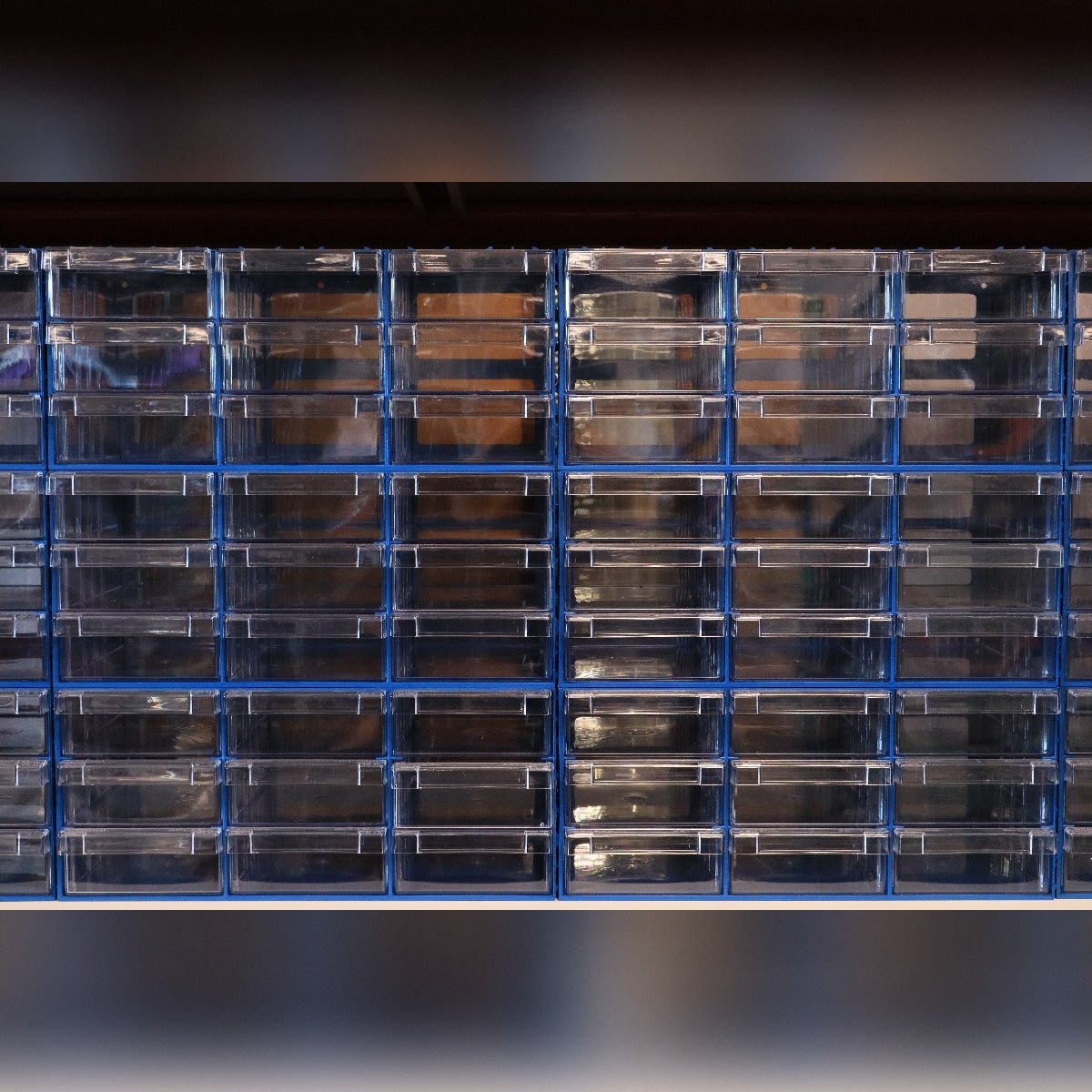RackZone Plastic Drawer 108 Box, blue, with clear wall-mounted drawers.