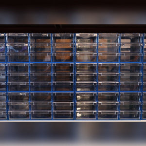 RackZone Plastic Drawer 108 Box, blue, with clear wall-mounted drawers.
