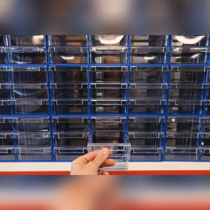 Hand opening a RackZone Plastic Drawer 108 Box, durable small parts organizer.