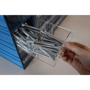 A hand pulls a RackZone Pull Out Drawer, 123x200x80mm, from durable plastic.