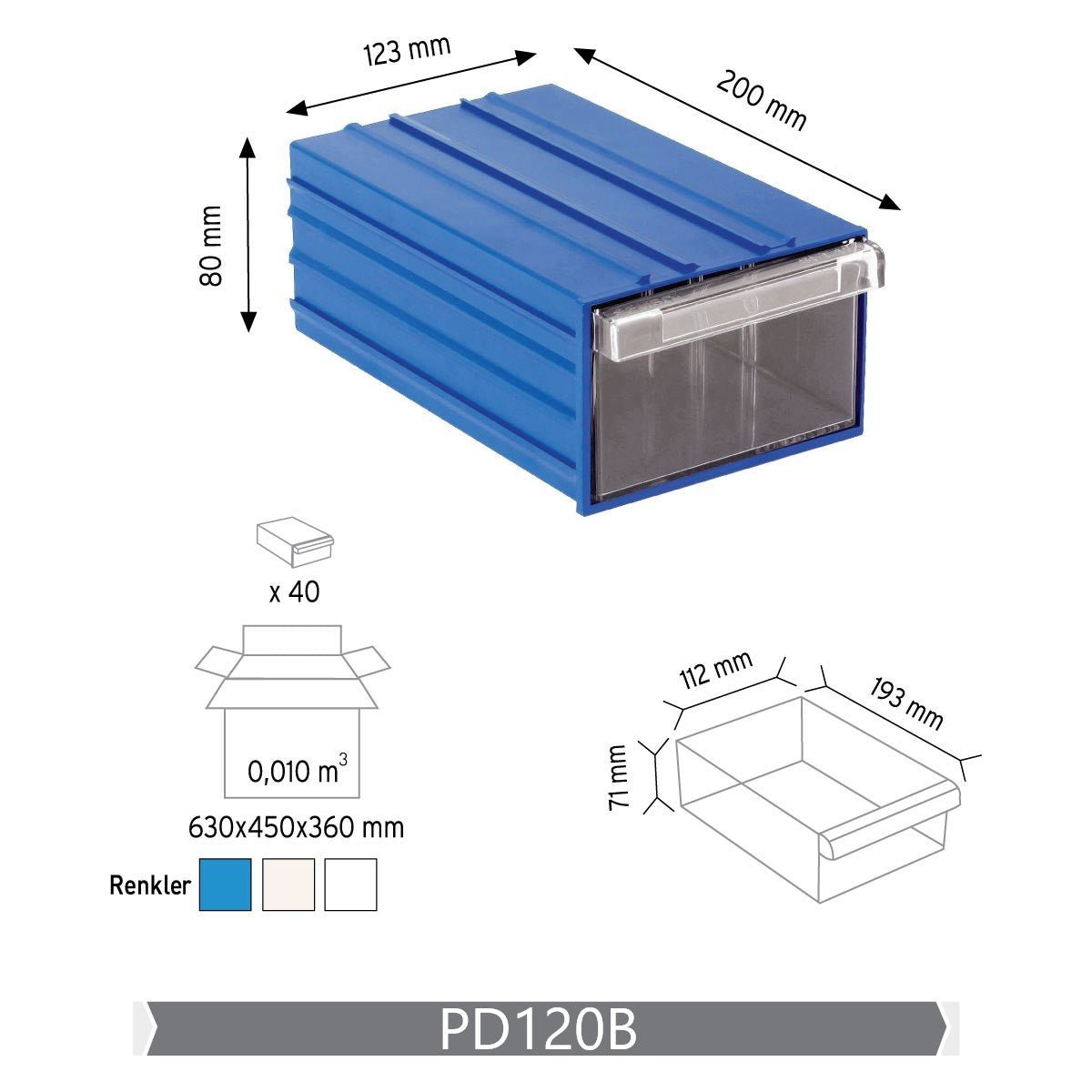 RackZone Pull Out Drawer, 123x200x80mm, blue, 40/box, wall mountable with clear front.