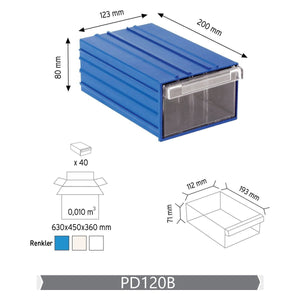 RackZone Pull Out Drawer, 123x200x80mm, blue, 40/box, wall mountable with clear front.