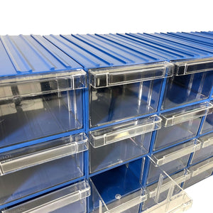 RackZone Plastic Drawer 32 Box in blue, wall-mounted with grid layout.