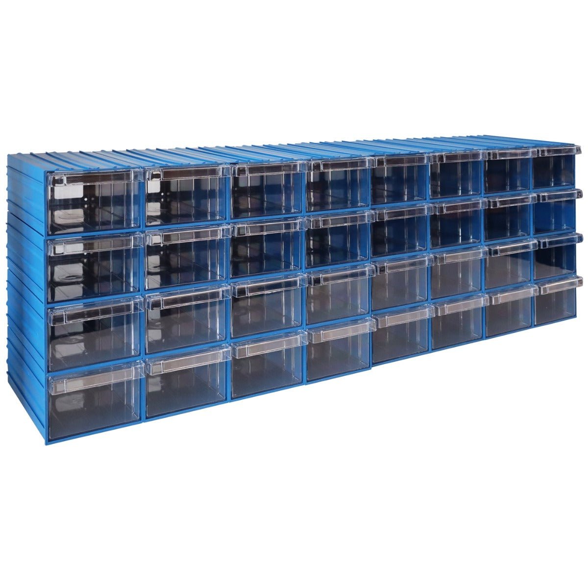 RackZone Plastic Drawer 32 Box, 230d x 136w x 96h, Blue, for small parts storage.