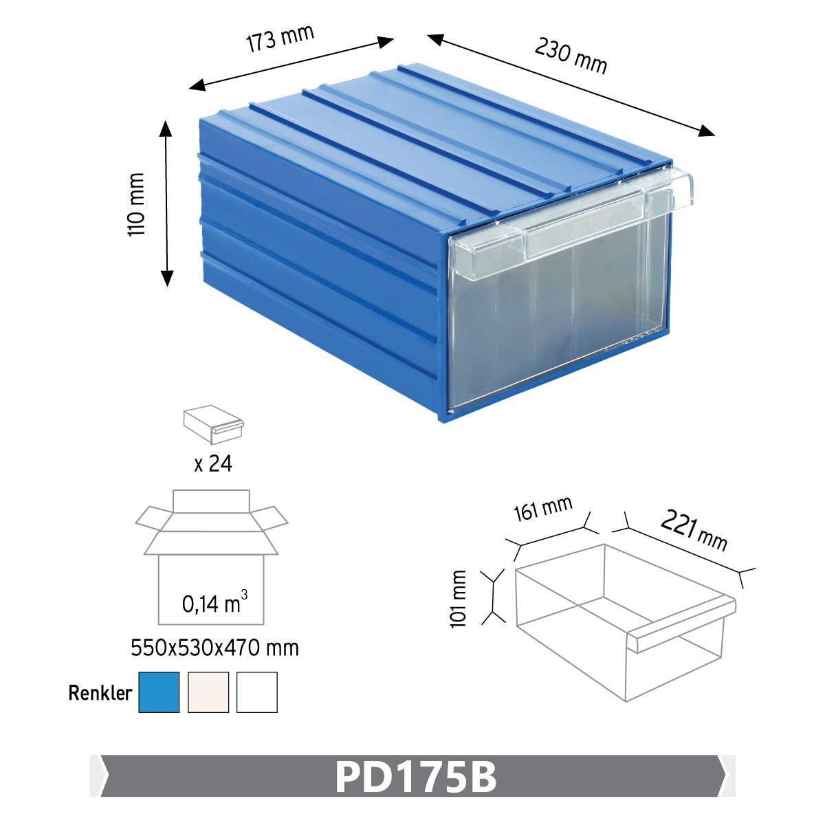 RackZone Plastic Drawer 24 Box, blue, 230x173x110mm, wall mountable.