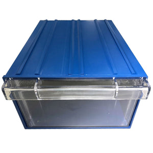 RackZone Plastic Drawer 24 Box, blue, wall mountable with pull-out drawers.