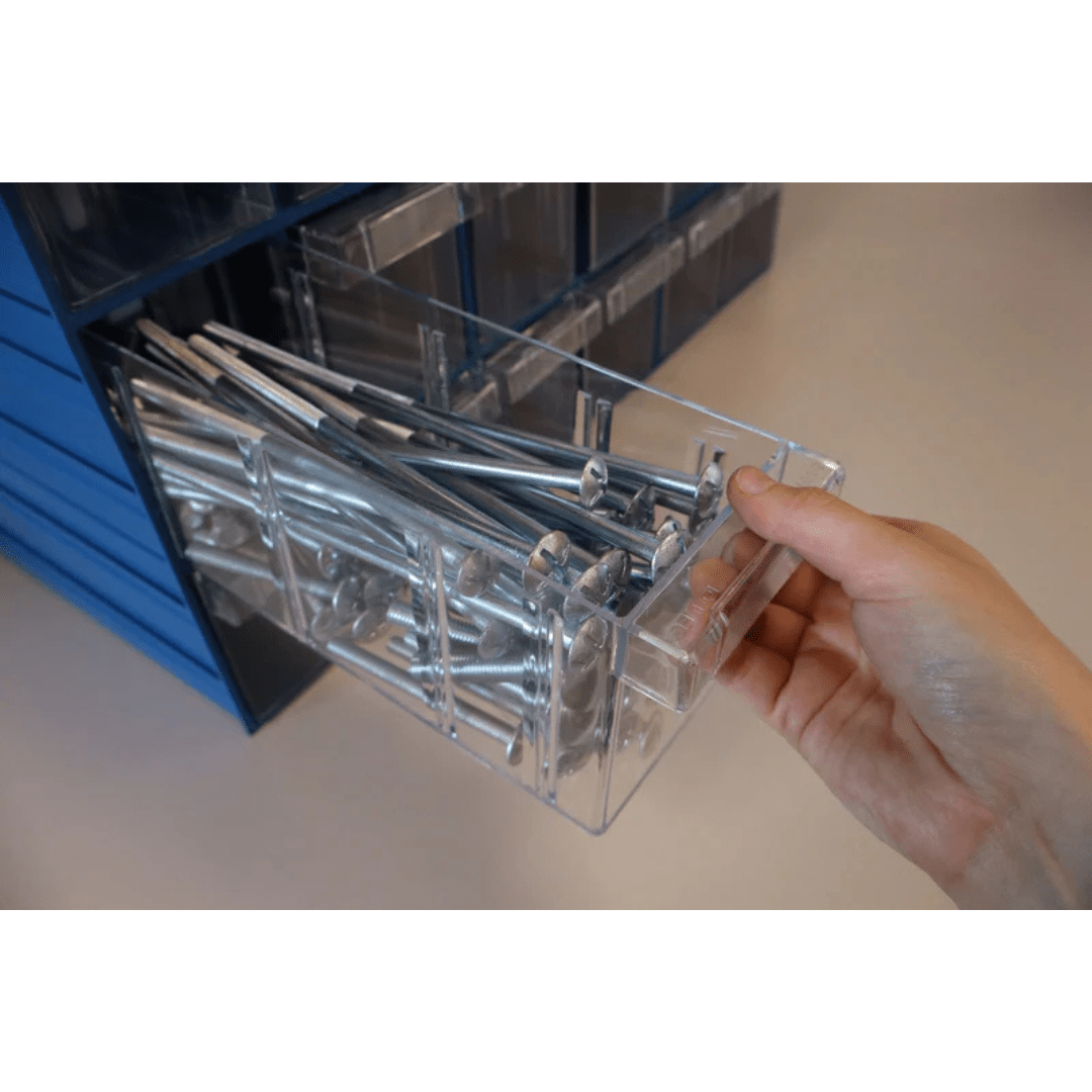 A hand pulls out a RackZone Plastic Drawer 36 Box organiser with clear drawers.