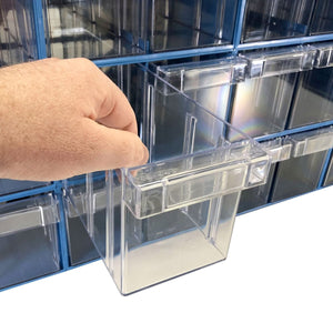 A hand pulls out a RackZone Plastic Drawer 36 Box 501-2 from the organiser.