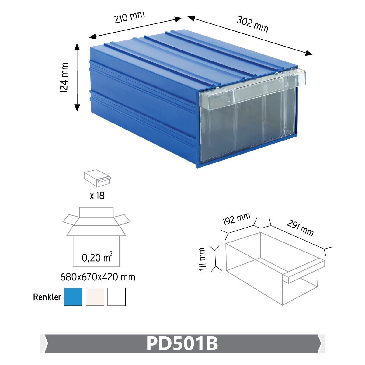 Plastic Drawer 18 Box 302d x 210w x 124h Blue 501