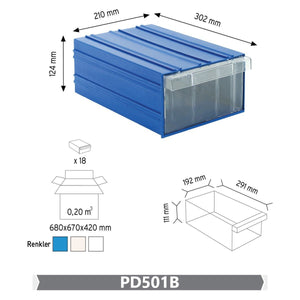 Plastic Drawer 18 Box 302d x 210w x 124h Blue 501
