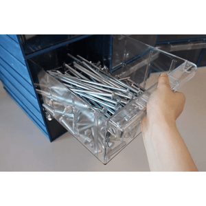 A hand slides out a RackZone Plastic Drawer 12 Box filled with metal bolts.