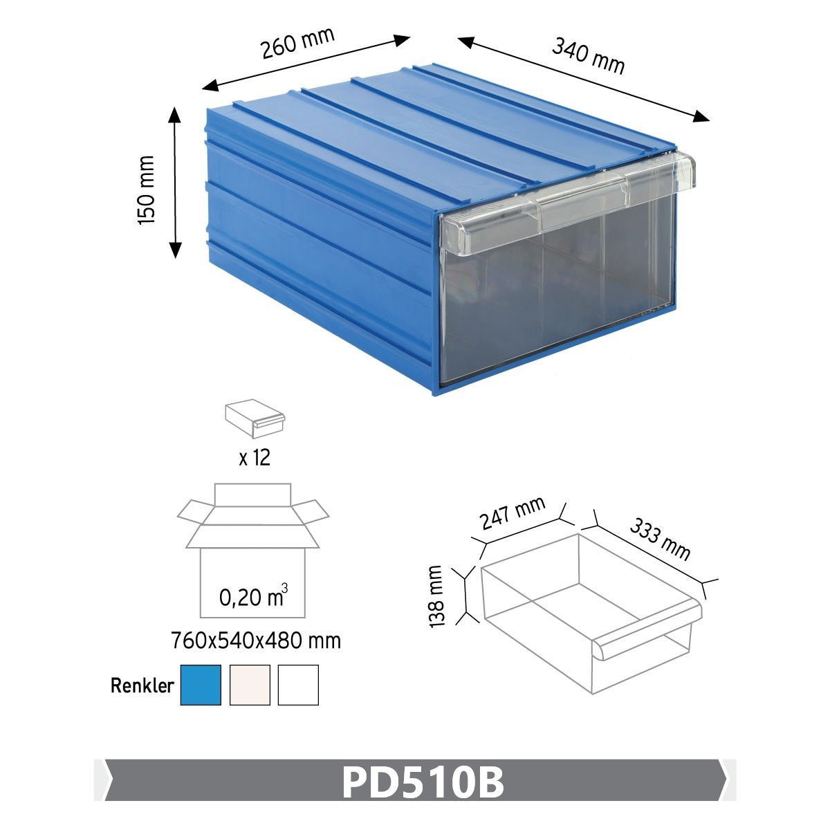 RackZone Plastic Drawer 12 Box Blue 340x260x150mm, model 510, wall-mountable.