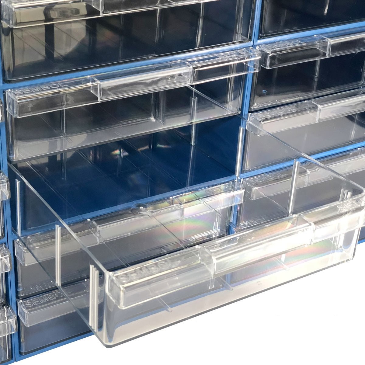RackZone Plastic Drawer [24 Box] Blue, one drawer partially opened.