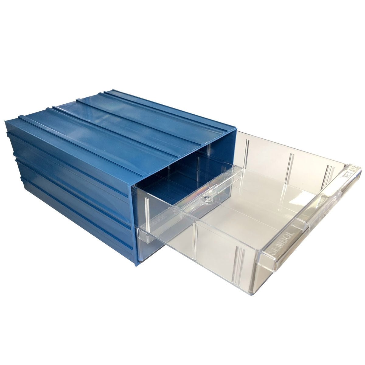 RackZone Plastic Drawer [24 Box] Blue, 303d x 260w x 113h, clear pull-out drawer.