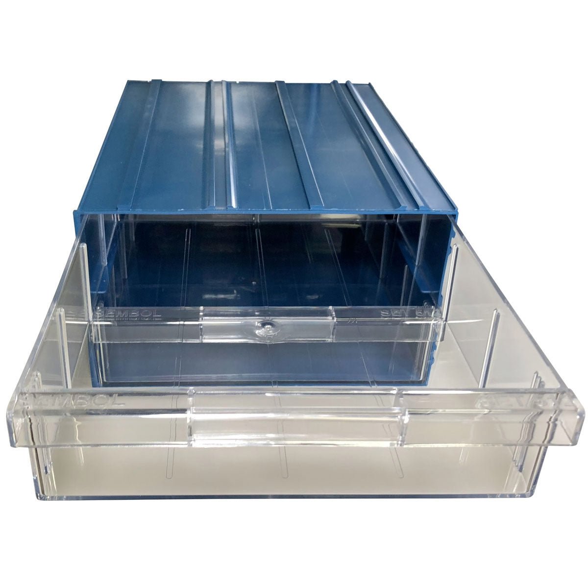 RackZone Plastic Drawer [24 Box] Blue stacked on clear box for small parts.