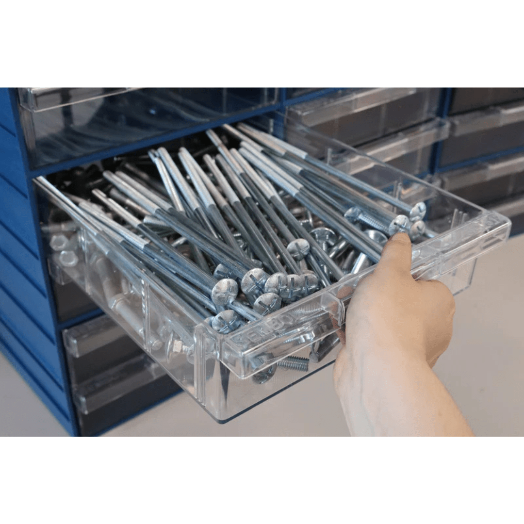 A hand pulls out a RackZone Plastic Drawer [24 Box] from a blue organizer.