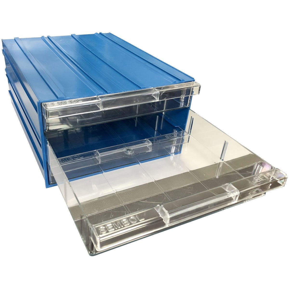 RackZone Plastic Drawer 36 Box, blue, with transparent drawers, partially open.