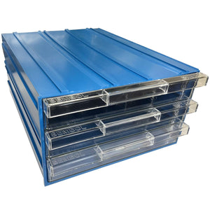RackZone Plastic Drawer 36 Box, blue, clear front, ideal for small parts.