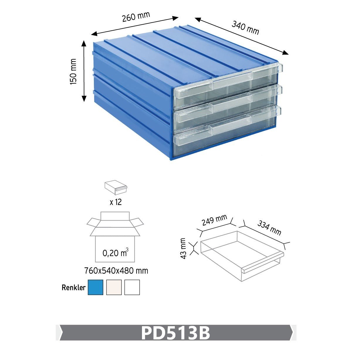 RackZone Plastic Drawer 36 Box, blue, 340x260x150mm for small parts storage.