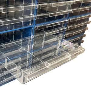 RackZone Plastic Drawer 36 Box, blue, 340x260x150mm, shown with open compartments.