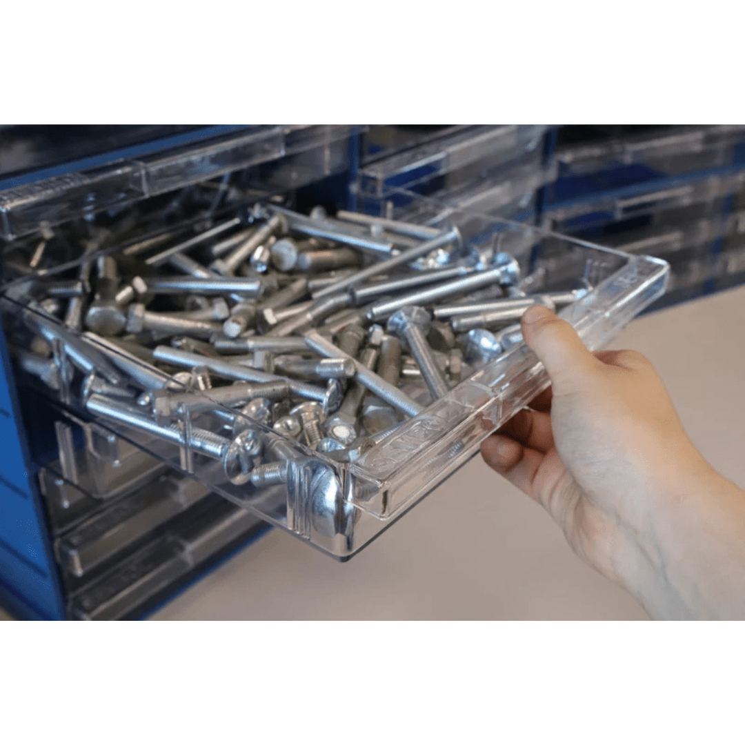 Hand pulling out a RackZone 36-box plastic drawer storage filled with bolts.