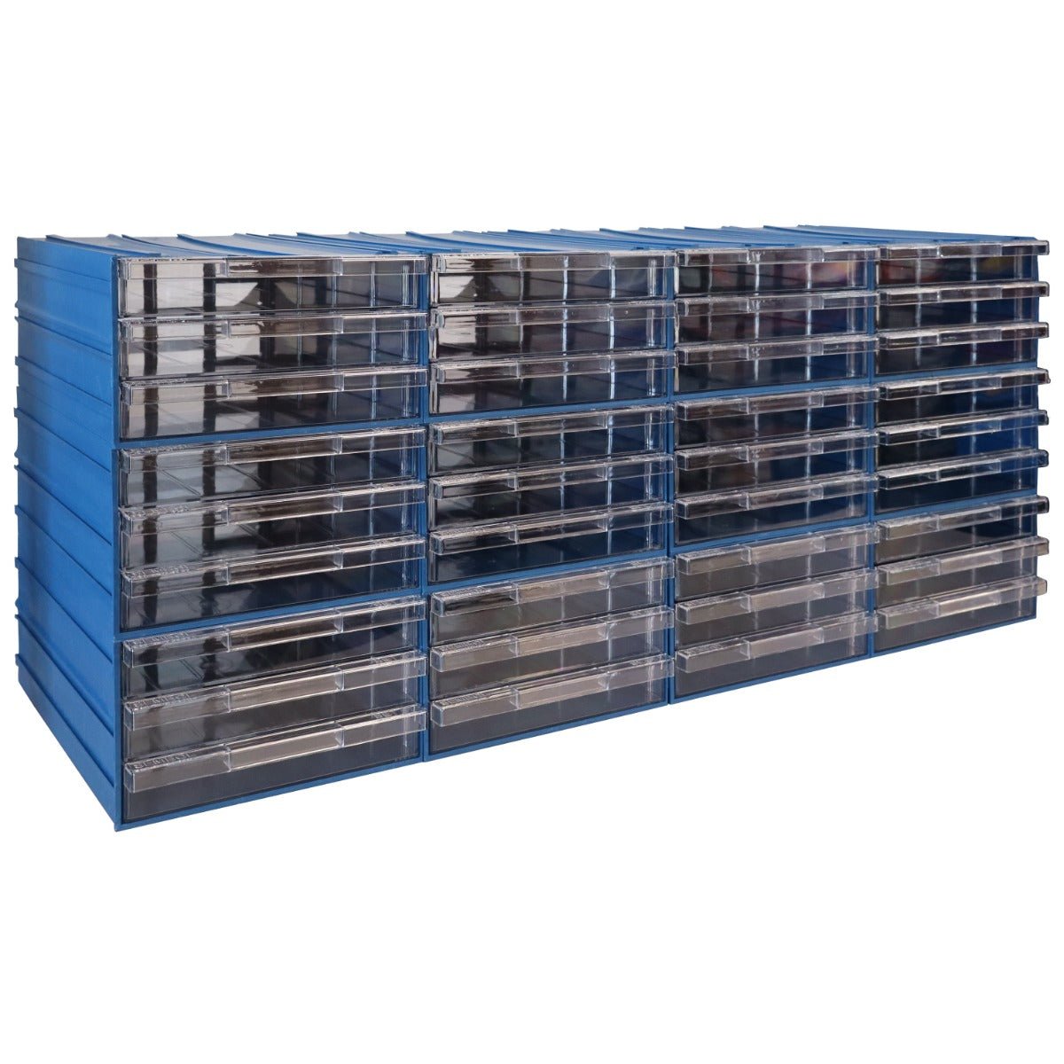 RackZone Plastic Drawer 36 Box, blue, 340d x 260w x 150h, clear drawers.