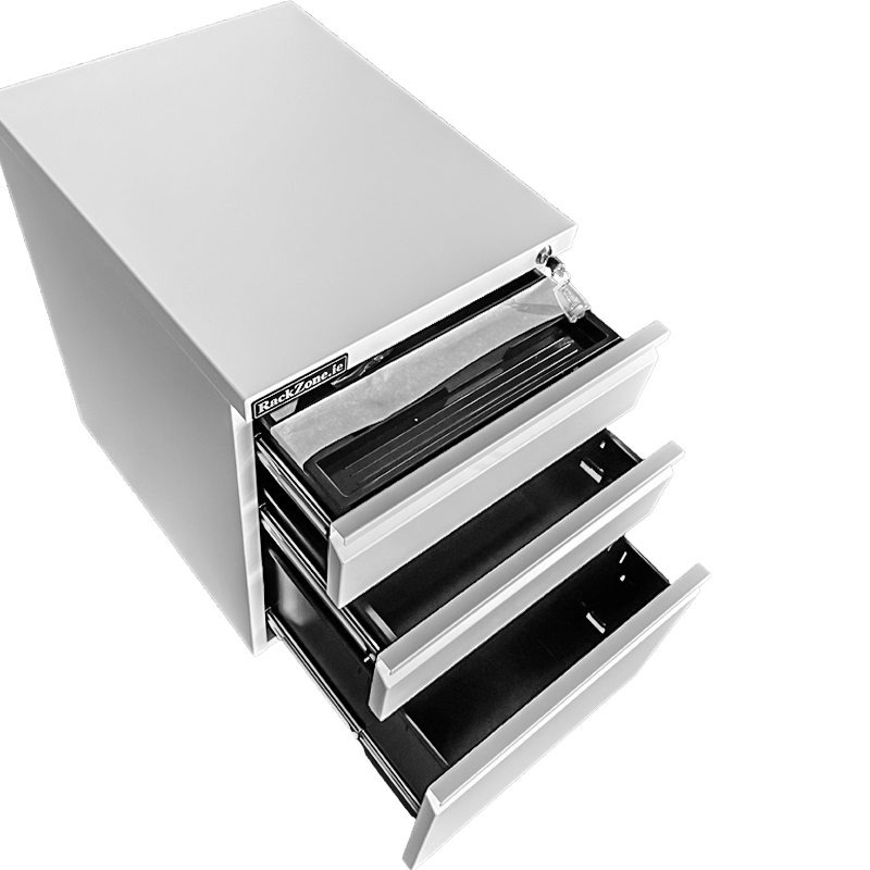 RackZone Lockable Mobile Pedestal, 3 drawers, white—ideal for office storage.
