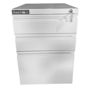 RackZone Lockable Mobile Pedestal, White, 3 drawers, 607H x 395W x 500D.