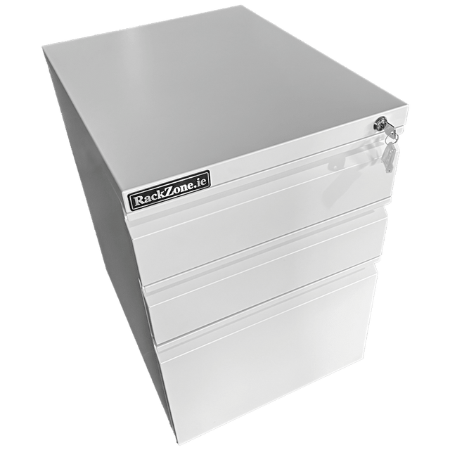 RackZone Lockable Mobile Pedestal, white, 3 drawers—secure office storage.