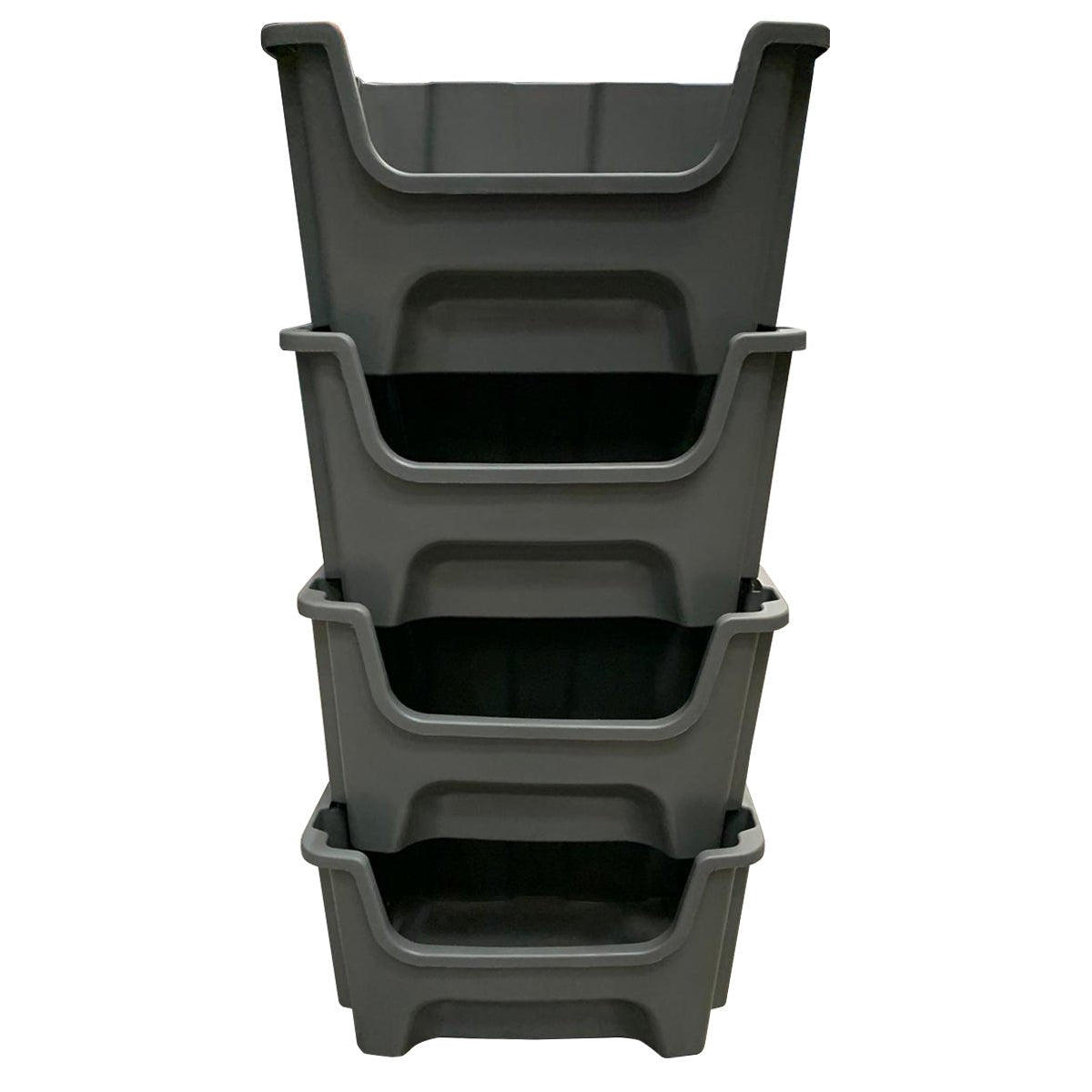 Four RackZone grey A500 bins, 300x490x400mm, pack of 4, shown stacked front-on.