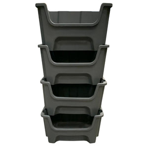 Four RackZone grey A500 bins, 300x490x400mm, pack of 4, shown stacked front-on.