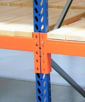 Close-up of a RackZone 15mm Locking Safety Pin with colored metal shelving beams.